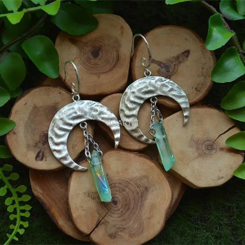 Green Aura Quartz Crescent Silver Moon Earrings