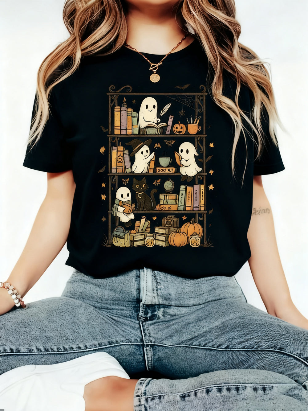 Halloween Ghost Books Black T-Shirt