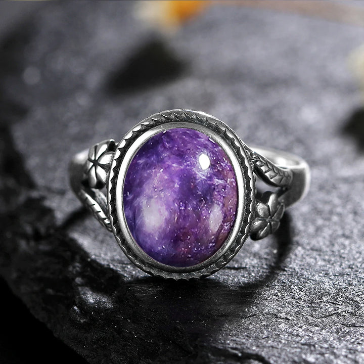 Charoite 925 Sterling Silver Oval Flower Ring