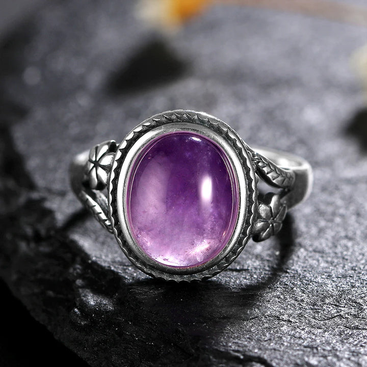 Amethyst 925 Sterling Silver Oval Flower Ring