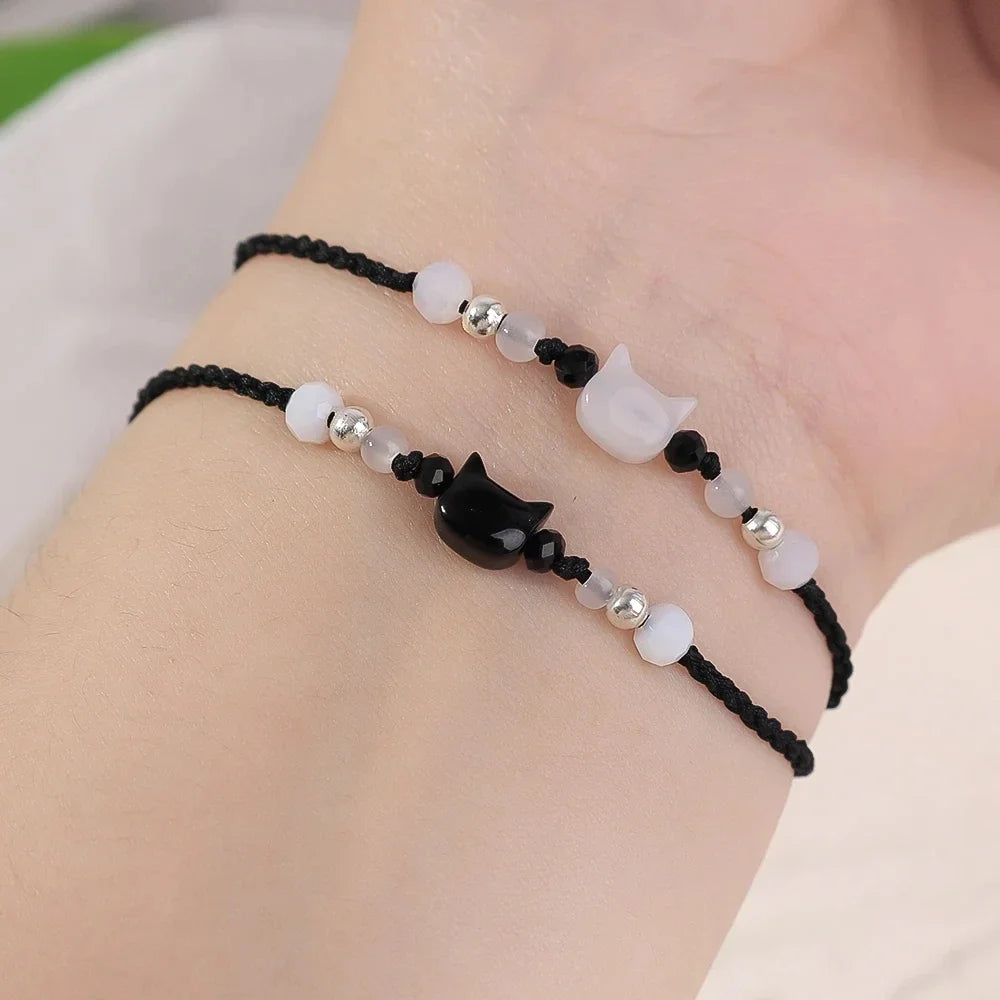 Moonstone and Obsidian Cat Adjustable Bracelets