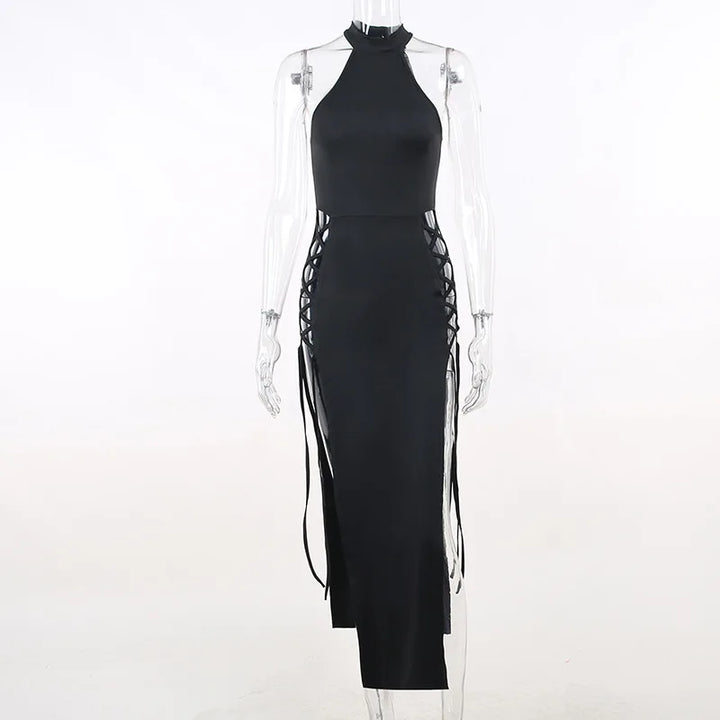 Buy Halter High Split Black Dress