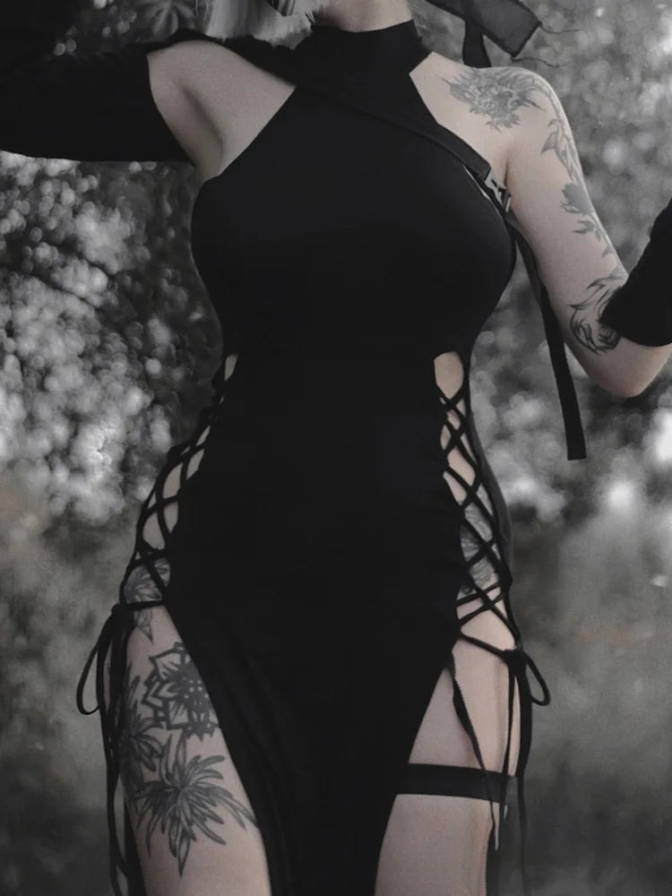 Witchy Halter High Split Black Dress