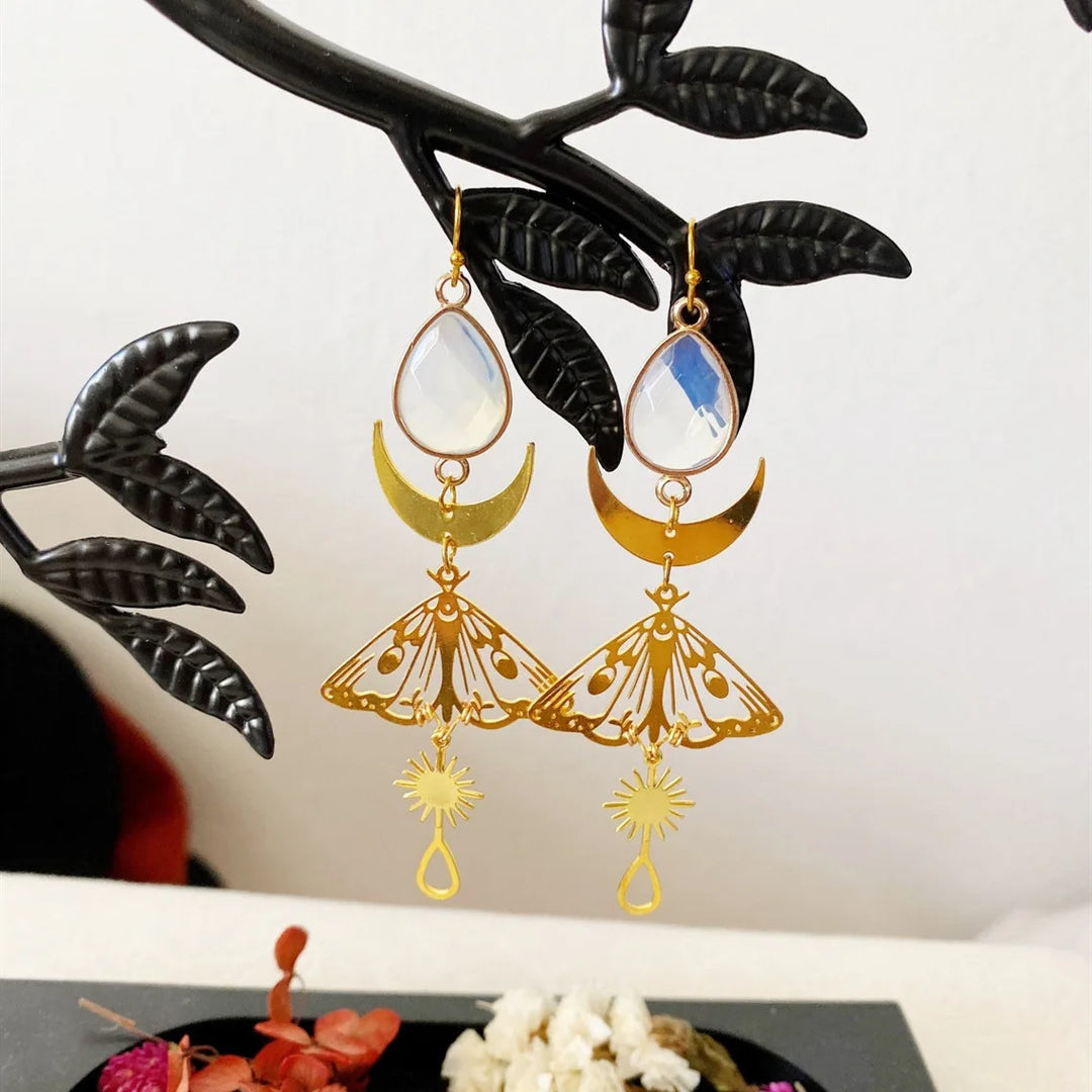 Gold Moth Crystal Earrings