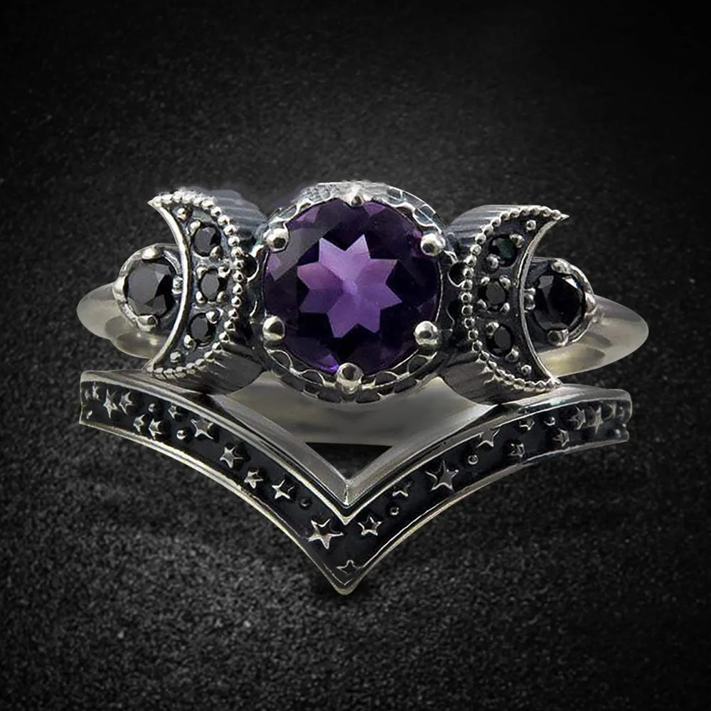 Black Zirconia Purple Stone Triple Moon Rings