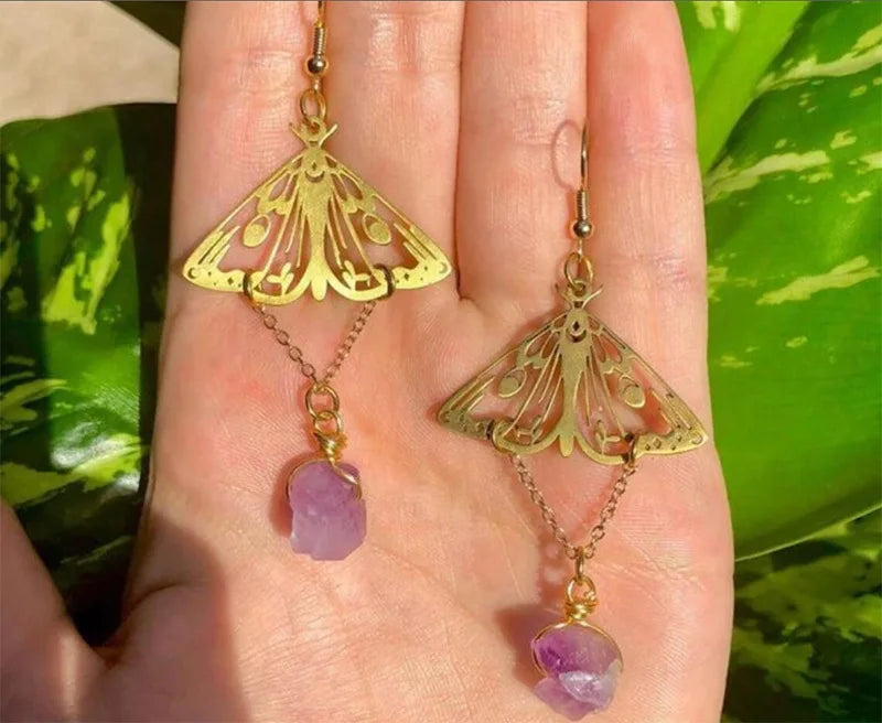 Amethyst Moth Gold Earrings