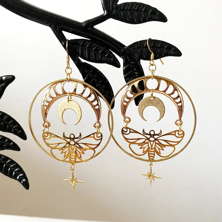 Gold Moth Moon Hoop Earrings