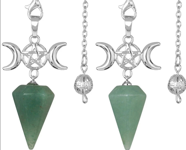 Green Aventurine Triple Moon Pentacle Crystal Pendulums