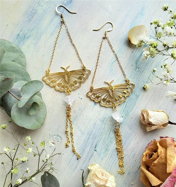 Moth Clear Quartz Crystal Boho Witch Earrings