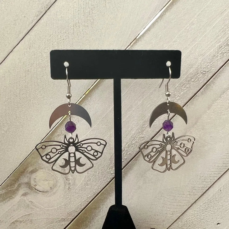 Moth Amethyst Moon Earrings
