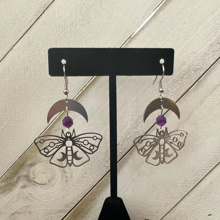 Moth Amethyst Moon Earrings