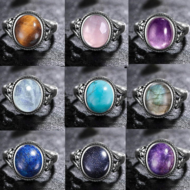 925 Sterling Silver Stone Oval Flower Rings