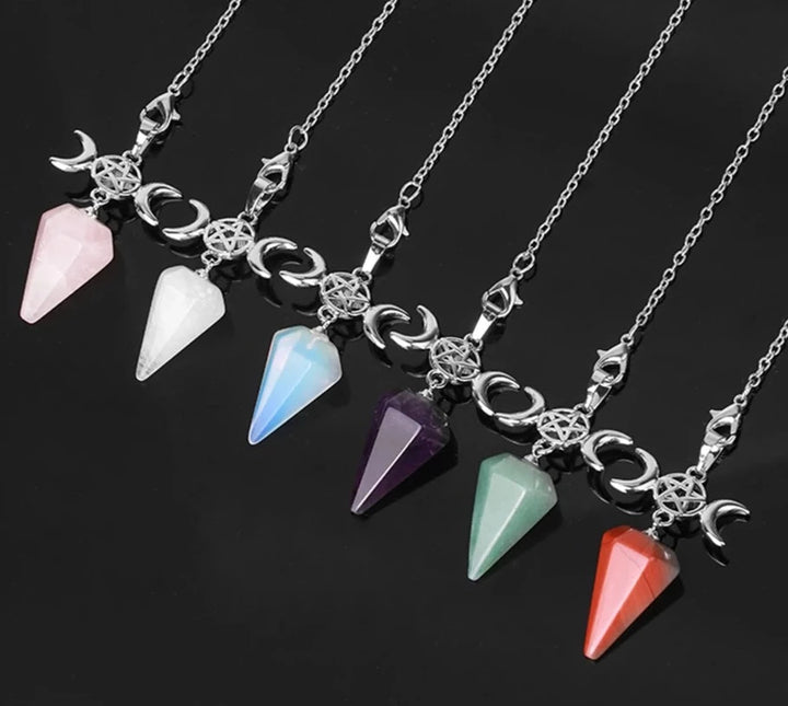 Triple Moon Pentacle Crystal Pendulums