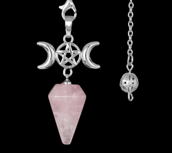 Rose Quartz Triple Moon Pentacle Crystal Pendulums