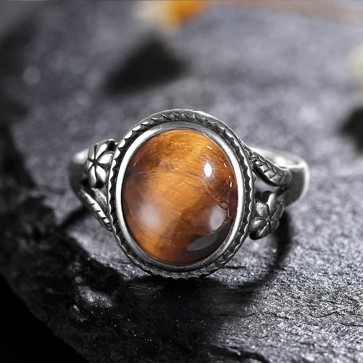 Tigers Eye 925 Sterling Silver Oval Flower Ring