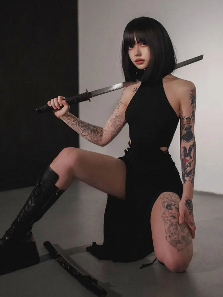 Gothic Halter High Split Black Dress