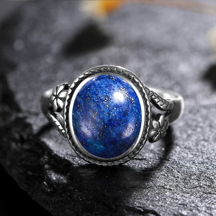 Lapis Lazuli 925 Sterling Silver Oval Flower Ring