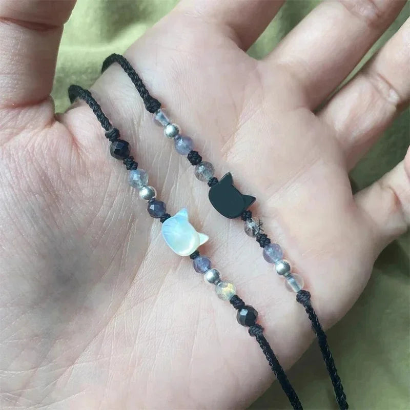 Moonstone and Obsidian Cat Friendship Bracelets