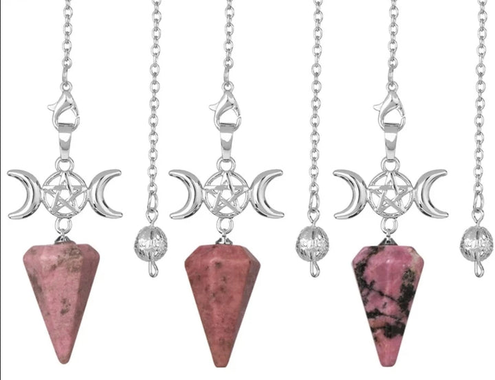 Rhodonite Triple Moon Pentacle Crystal Pendulums