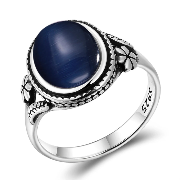 Onyx 925 Sterling Silver Oval Flower Ring