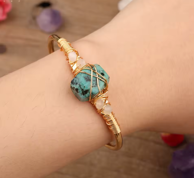 African Turquoise Crystal Gold Wire Wrap  Bracelets