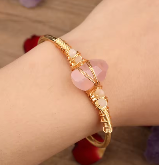 Rose Quartz Crystal Gold Wire Wrap  Bracelets