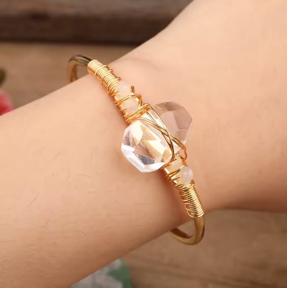 Clear Quartz Crystal Gold Wire Wrap  Bracelets