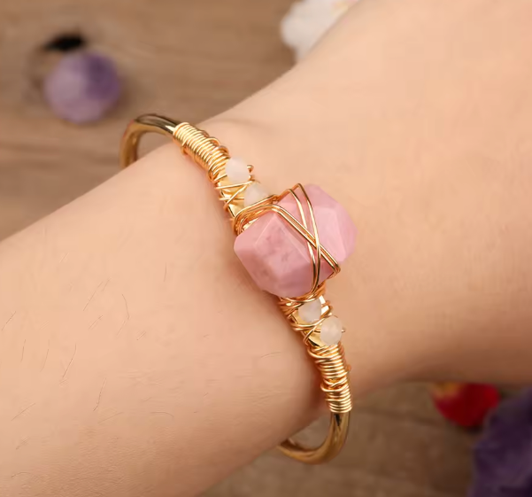 Rhodonite Crystal Gold Wire Wrap  Bracelets
