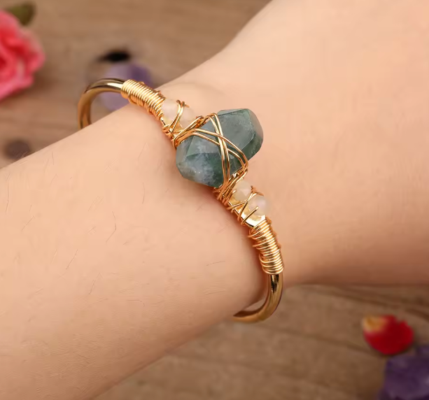 Moss Agate Crystal Gold Wire Wrap  Bracelets