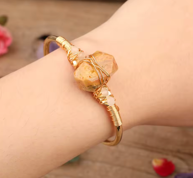 Crazy Lace Agate Crystal Gold Wire Wrap  Bracelets