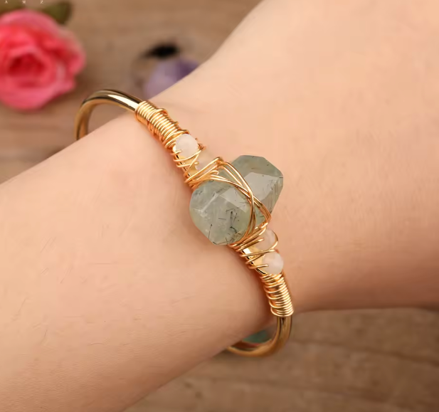 Prehnite Crystal Gold Wire Wrap  Bracelets