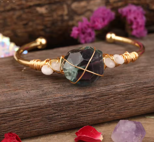 Rainbow Fluorite Crystal Gold Wire Wrap  Bracelets