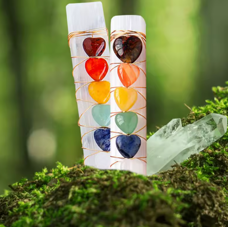 Chakra Heart Selenite Wands