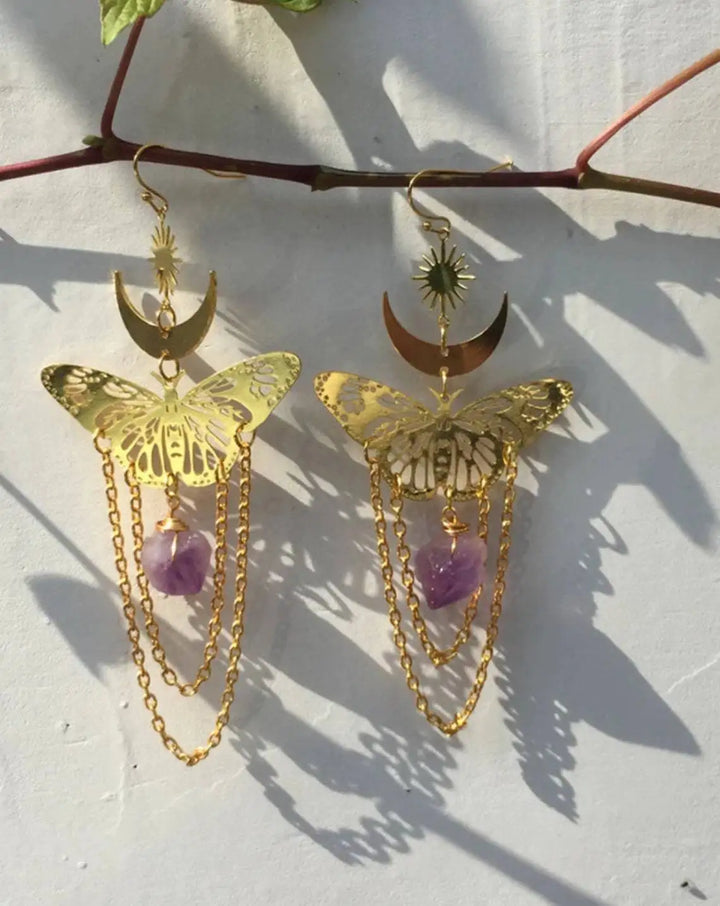 Amethyst Butterfly Moon Earrings