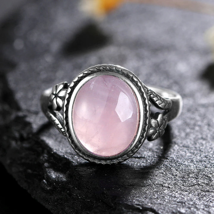 Rose Quartz 925 Sterling Silver Oval Flower Ring