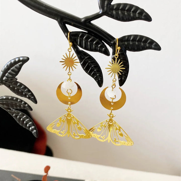 Gold Moth Crystal Moon Earrings