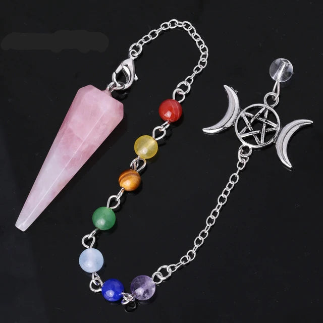 Rose Quartz Triple Moon Pentacle Chakra Pendulums