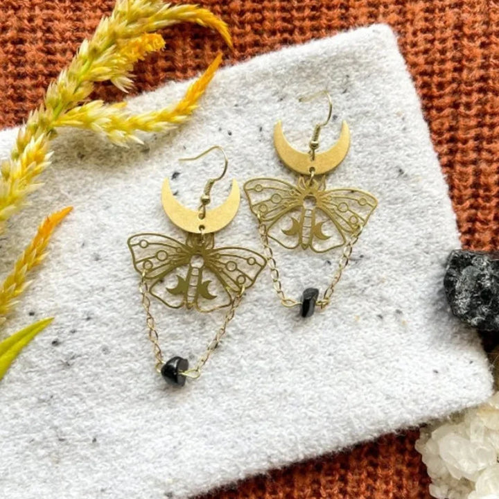 Crystal Moth Moon Gold Witch Earrings