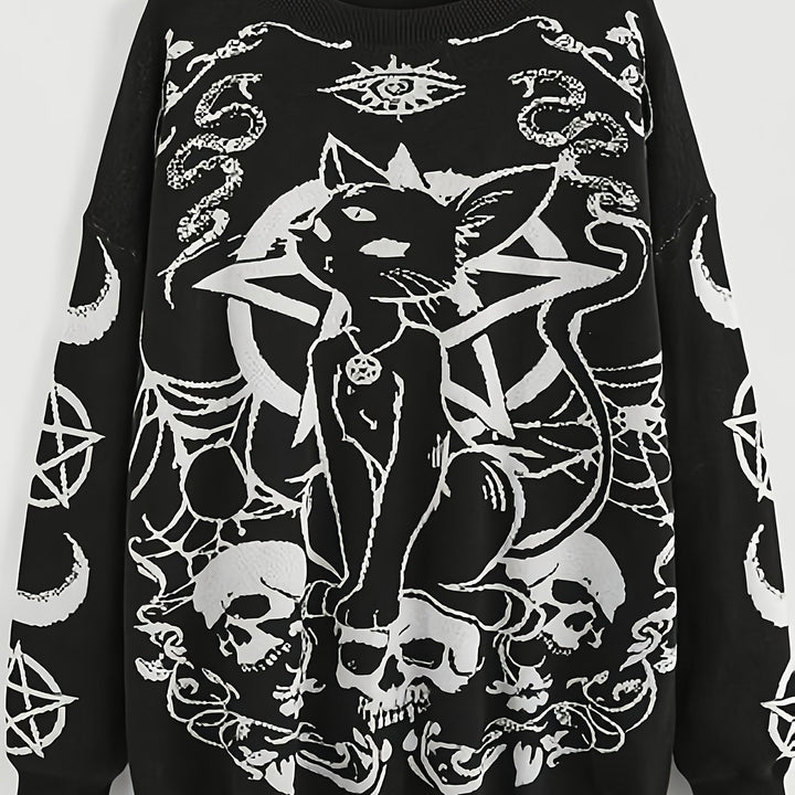Witch Pentacle Skull Cat Black Sweater