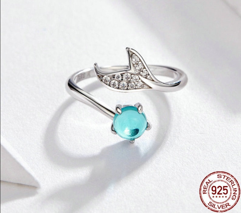 925 Sterling Silver Mermaid Tail Sea Glass Ring
