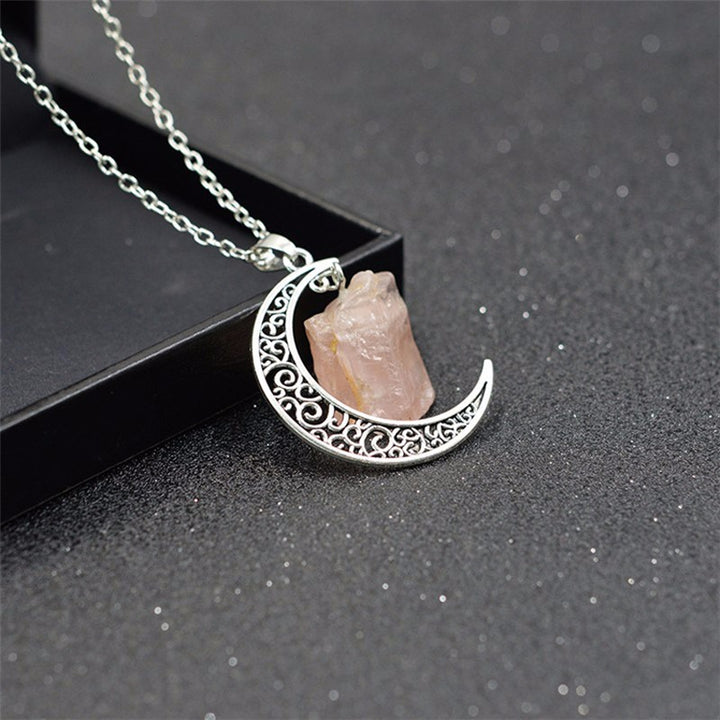 Crescent Moon Rose Quartz Crystal Silver Necklace