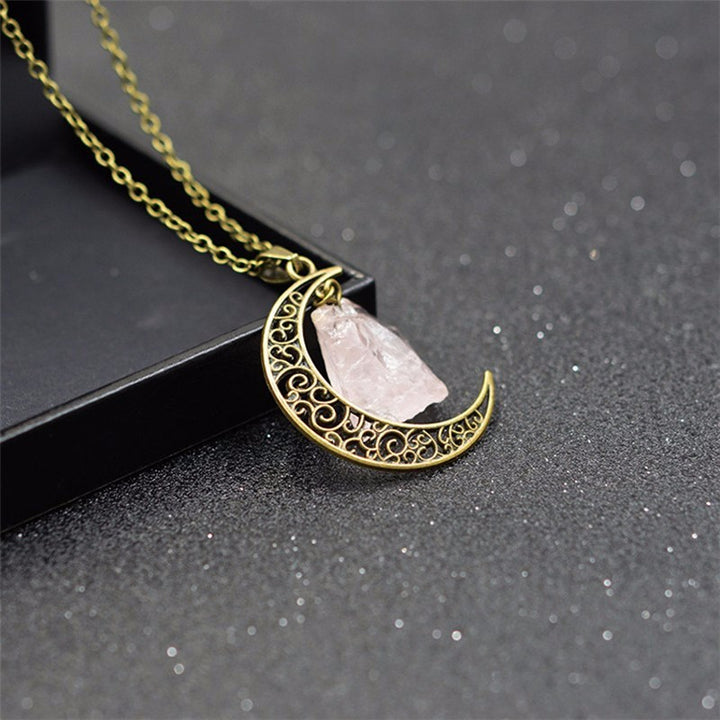 Crescent Moon Clear Quartz Crystal Gold Necklace