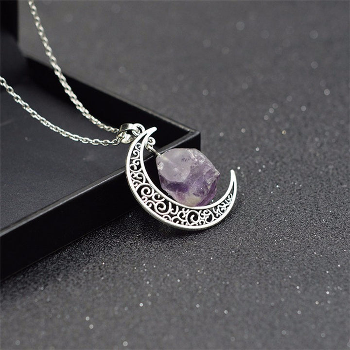 Crescent Moon Amethyst Crystal Silver Necklace