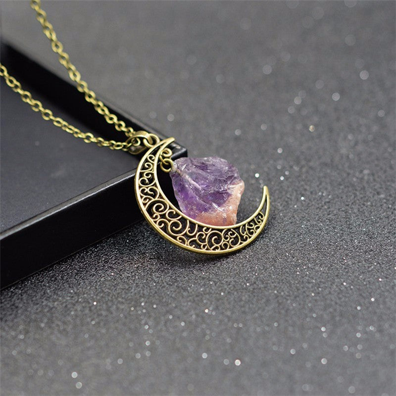 Crescent Moon Amethyst Crystal Gold Necklace