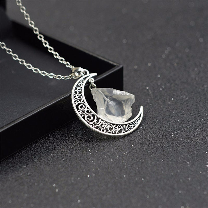 Crescent Moon Clear Quartz Crystal Silver Necklace