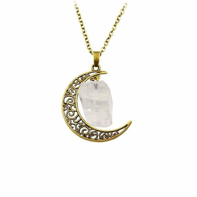 Moon Clear Quartz Crystal Gold Necklace
