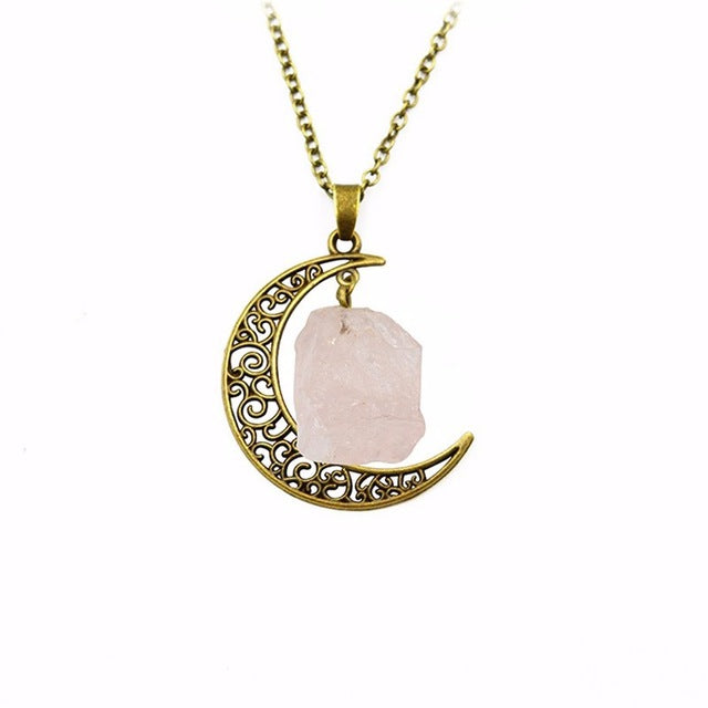 Crescent Moon Rose Quartz Crystal Gold Necklace