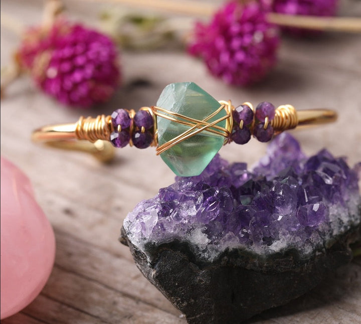 Green Fluorite Crystal Gold Wire Wrap  Bracelets