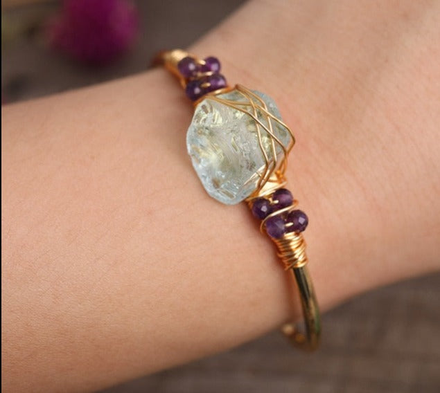 Aquamarine Crystal Gold Wire Wrap  Bracelets