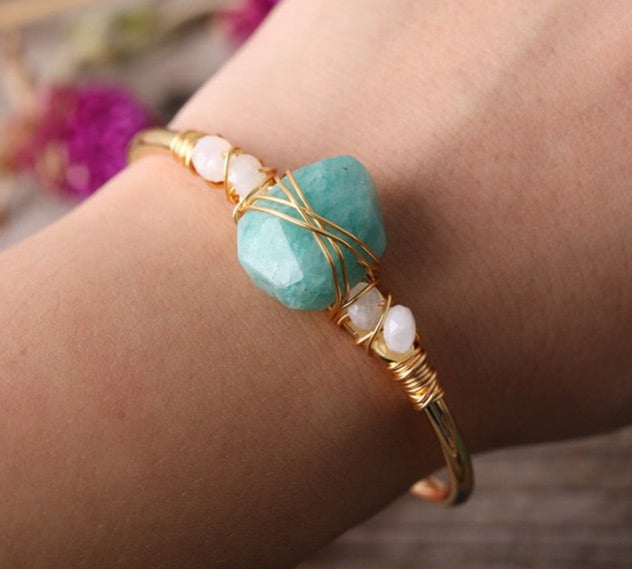 Amazonite Crystal Gold Wire Wrap  Bracelets